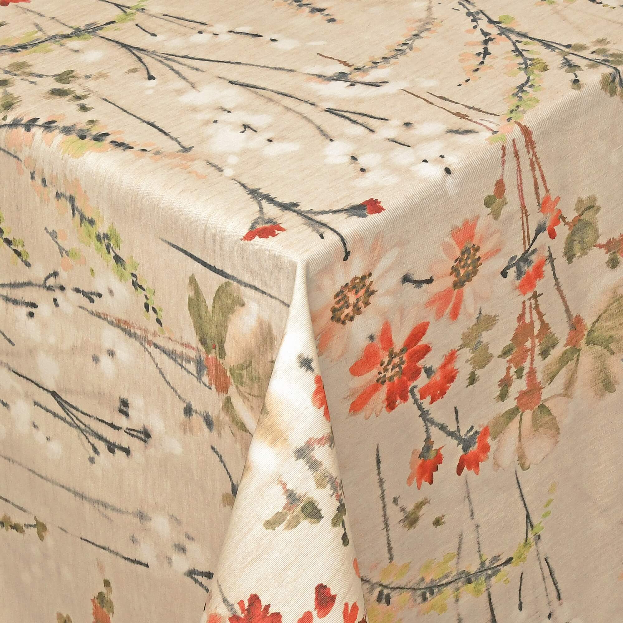 Moderno® Abwaschbare Tischdecke mit Fleckschutz - Leinenoptik, Blumen & Pflanzen in Beige, Rot-Grün Moderno® Abwaschbare Tischdecke mit Fleckschutz - Leinenoptik, Blumen & Pflanzen in Beige, Rot-Grün
